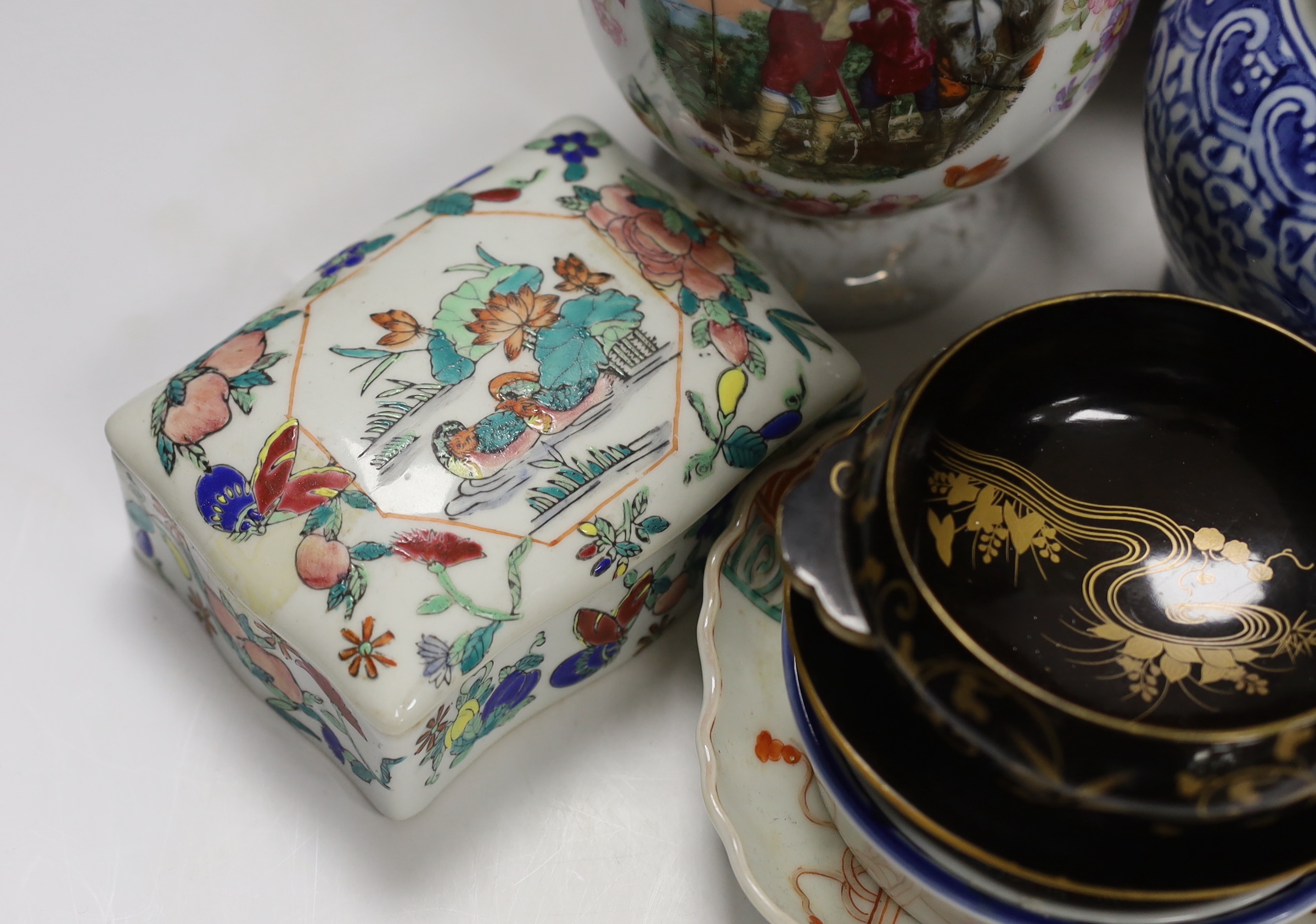 A 19th century Japanese Imari box and cover together with other Japanese, Chinese and European ceramics, largest 25cm